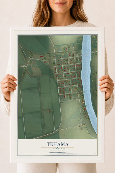 Map of Tehama, California, 18 x 24 inch print in a white wood frame