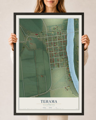 Map of Tehama, California, 24 x 36 inch print in a black wood frame