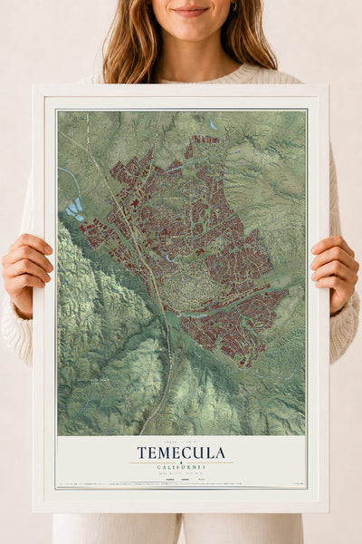 Map of Temecula, California, 18 x 24 inch print in a white wood frame