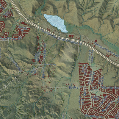 Second close-up of the map of Temescal Valley, California print showing more streets and buildings