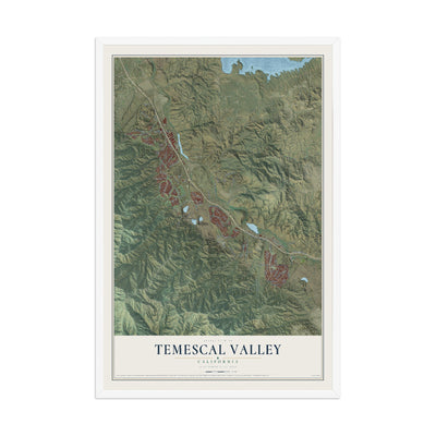 Map of Temescal Valley, California, 12 x 18 inch print in a white wood frame