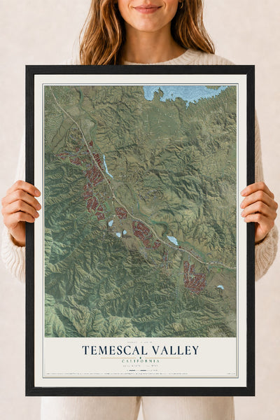 Map of Temescal Valley, California, 18 x 24 inch print in a black wood frame