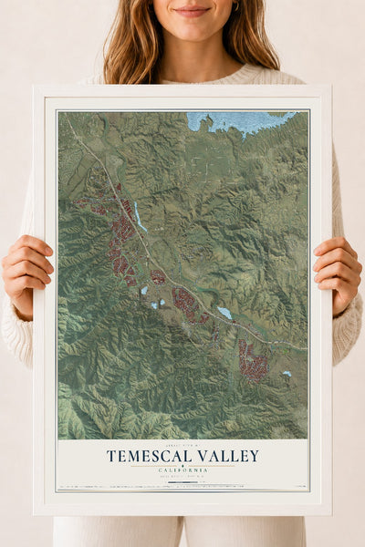 Map of Temescal Valley, California, 18 x 24 inch print in a white wood frame