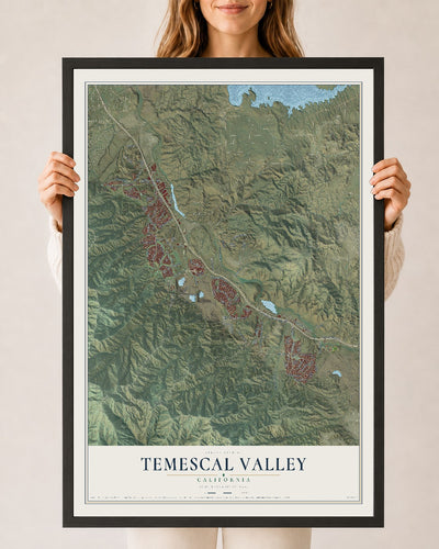 Map of Temescal Valley, California, 24 x 36 inch print in a black wood frame