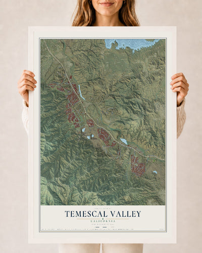 Map of Temescal Valley, California, 24 x 36 inch print in a white wood frame