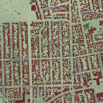 Close-up of the map of Temple City, California print showing street and building detail