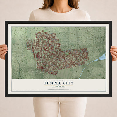 Map of Temple City, California, 18 x 24 inch print in a black wood frame