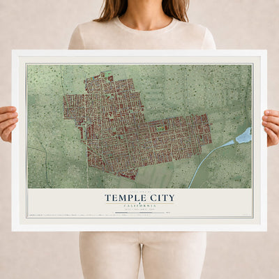 Map of Temple City, California, 18 x 24 inch print in a white wood frame