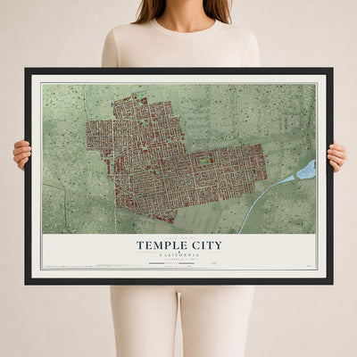 Map of Temple City, California, 24 x 36 inch print in a black wood frame