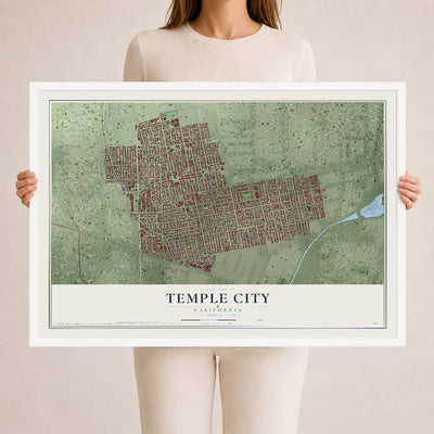 Map of Temple City, California, 24 x 36 inch print in a white wood frame