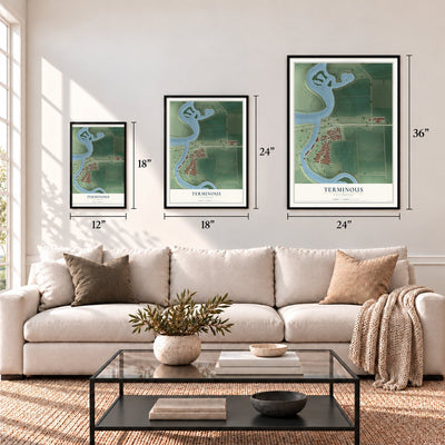 Terminous, California map in 12 x 18, 18 x 24 and 24 x 36 inch sizes above a sofa