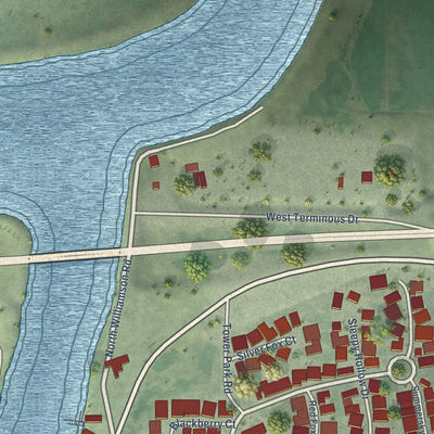 Close-up of the map of Terminous, California print showing street and building detail