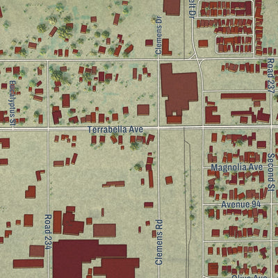 Close-up of the map of Terra Bella, California print showing street and building detail