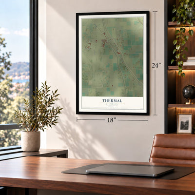 Thermal, California map, 18 x 24 inch print in a black frame in a home office
