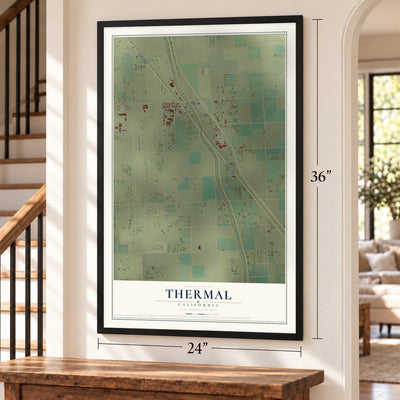 Thermal, California map, 24 x 36 inch print in a black frame by a staircase