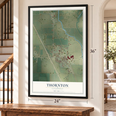 Thornton, California map, 24 x 36 inch print in a black frame by a staircase