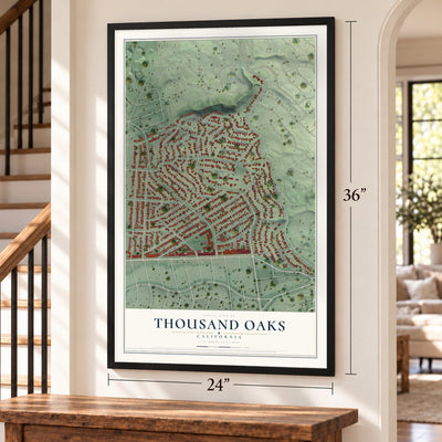 Thousand Oaks, Berkeley, California map, 24 x 36 inch print in a black frame by a staircase