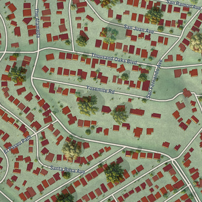 Close-up of the map of Thousand Oaks, Berkeley, California print showing street and building detail