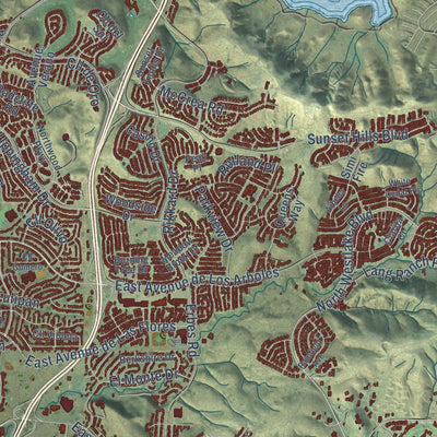 Second close-up of the map of Thousand Oaks, California print showing more streets and buildings