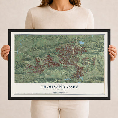 Map of Thousand Oaks, California, 12 x 18 inch print in a black wood frame