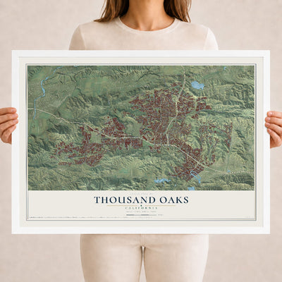 Map of Thousand Oaks, California, 18 x 24 inch print in a white wood frame