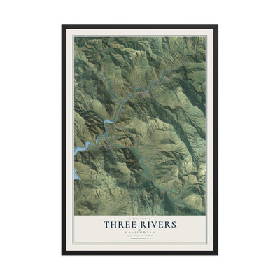 Map of Three Rivers, California, 12 x 18 inch print in a black wood frame