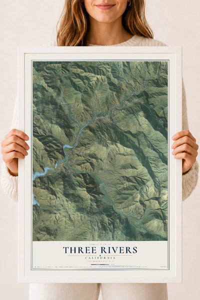 Map of Three Rivers, California, 18 x 24 inch print in a white wood frame
