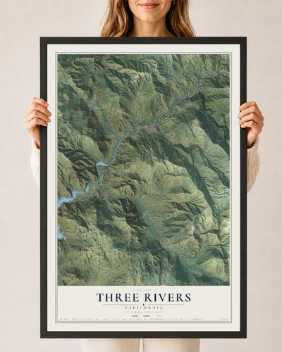 Map of Three Rivers, California, 24 x 36 inch print in a black wood frame