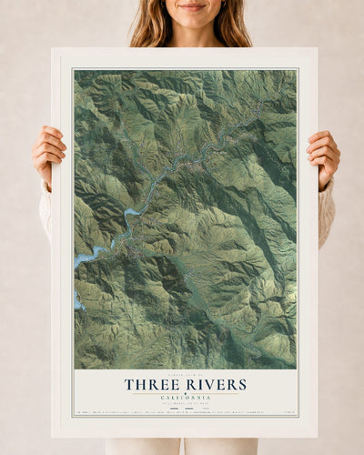 Map of Three Rivers, California, 24 x 36 inch print in a white wood frame