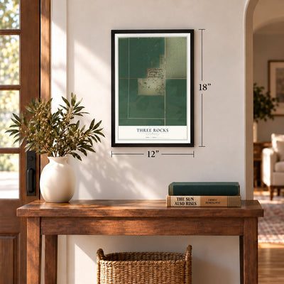 Three Rocks, California map, 12 x 18 inch print in a black frame in an entryway