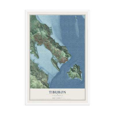 Map of Tiburon, California, 12 x 18 inch print in a white wood frame