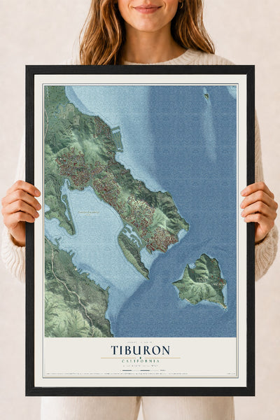 Map of Tiburon, California, 18 x 24 inch print in a black wood frame