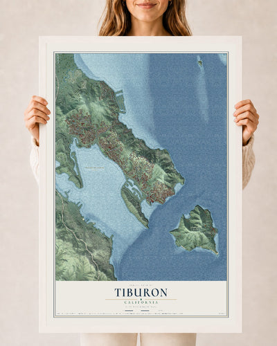 Map of Tiburon, California, 24 x 36 inch print in a white wood frame