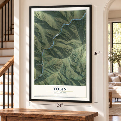 Tobin, California map, 24 x 36 inch print in a black frame by a staircase