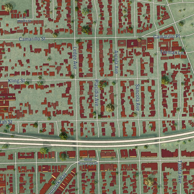 Close-up of the map of Toluca Lake, California print showing street and building detail