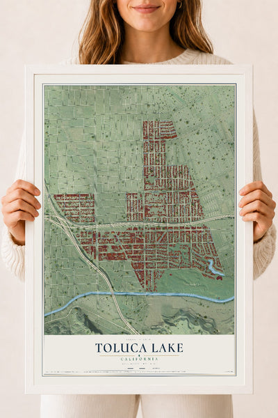 Map of Toluca Lake, California, 18 x 24 inch print in a white wood frame