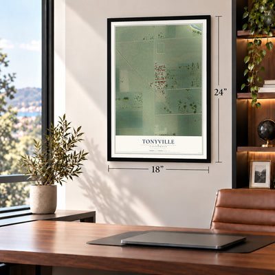 Tonyville, California map, 18 x 24 inch print in a black frame in a home office