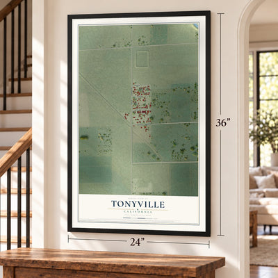 Tonyville, California map, 24 x 36 inch print in a black frame by a staircase