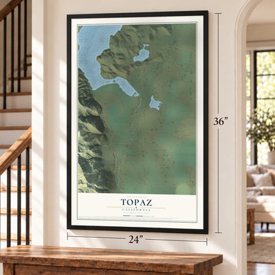 Topaz, California map, 24 x 36 inch print in a black frame by a staircase