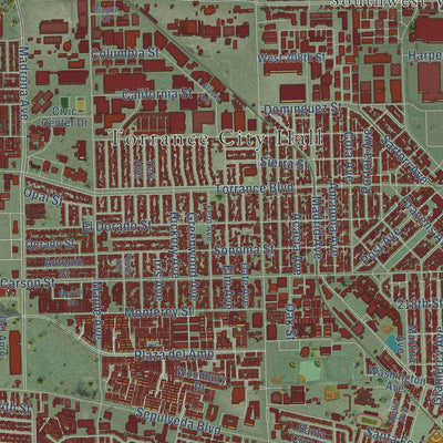 Second close-up of the map of Torrance, California print showing more streets and buildings