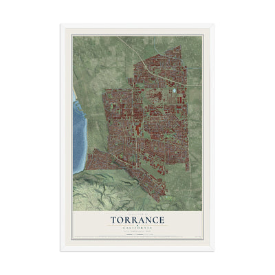 Map of Torrance, California, 12 x 18 inch print in a white wood frame