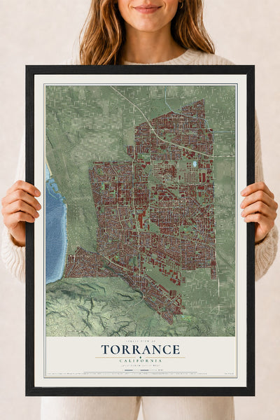 Map of Torrance, California, 18 x 24 inch print in a black wood frame
