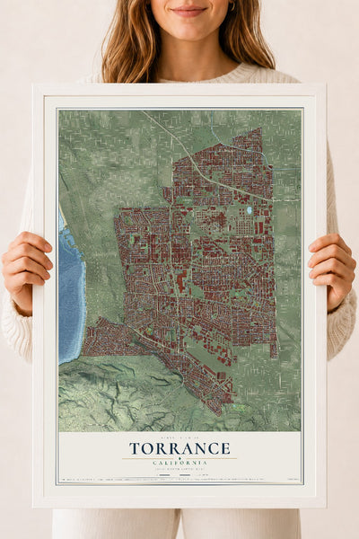 Map of Torrance, California, 18 x 24 inch print in a white wood frame