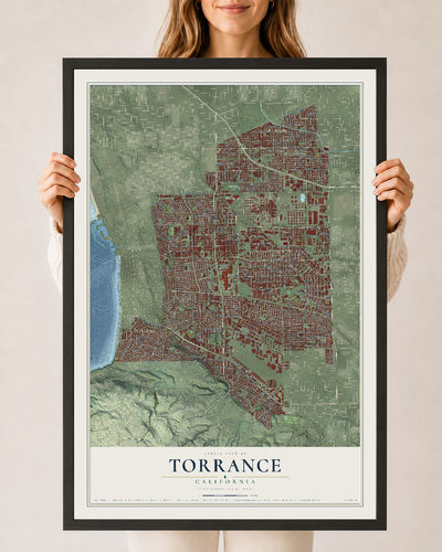 Map of Torrance, California, 24 x 36 inch print in a black wood frame