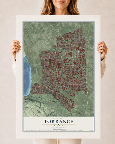 Map of Torrance, California, 24 x 36 inch print in a white wood frame