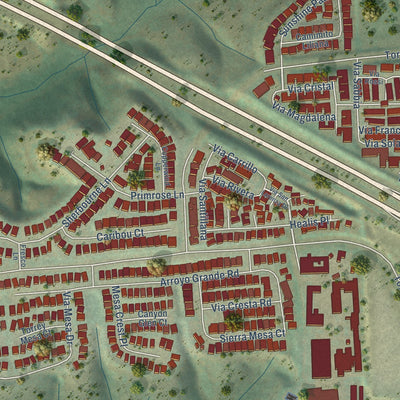 Close-up of the map of Torrey Highlands, California print showing street and building detail