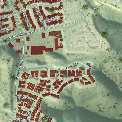 Second close-up of the map of Torrey Hills, California print showing more streets and buildings
