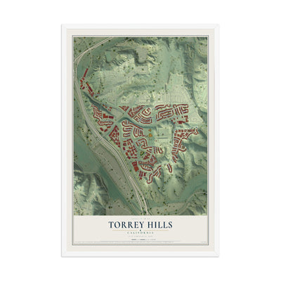 Map of Torrey Hills, California, 12 x 18 inch print in a white wood frame