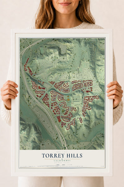 Map of Torrey Hills, California, 18 x 24 inch print in a white wood frame