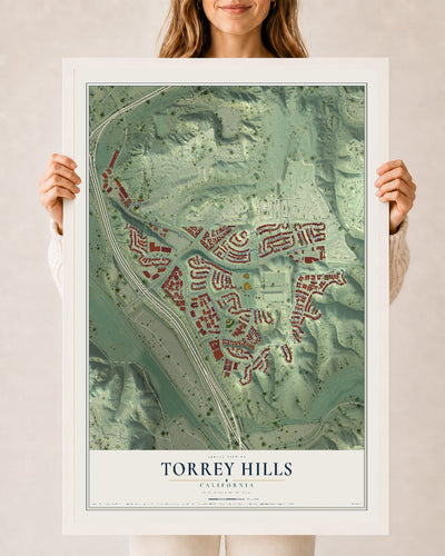 Map of Torrey Hills, California, 24 x 36 inch print in a white wood frame